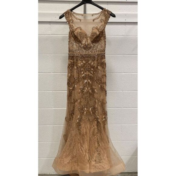 TERANI COUTURE WOMENS MOCHA BEADED LACE MERMAID GOWN  SIZE 14 NWT - Picture 9 of 13